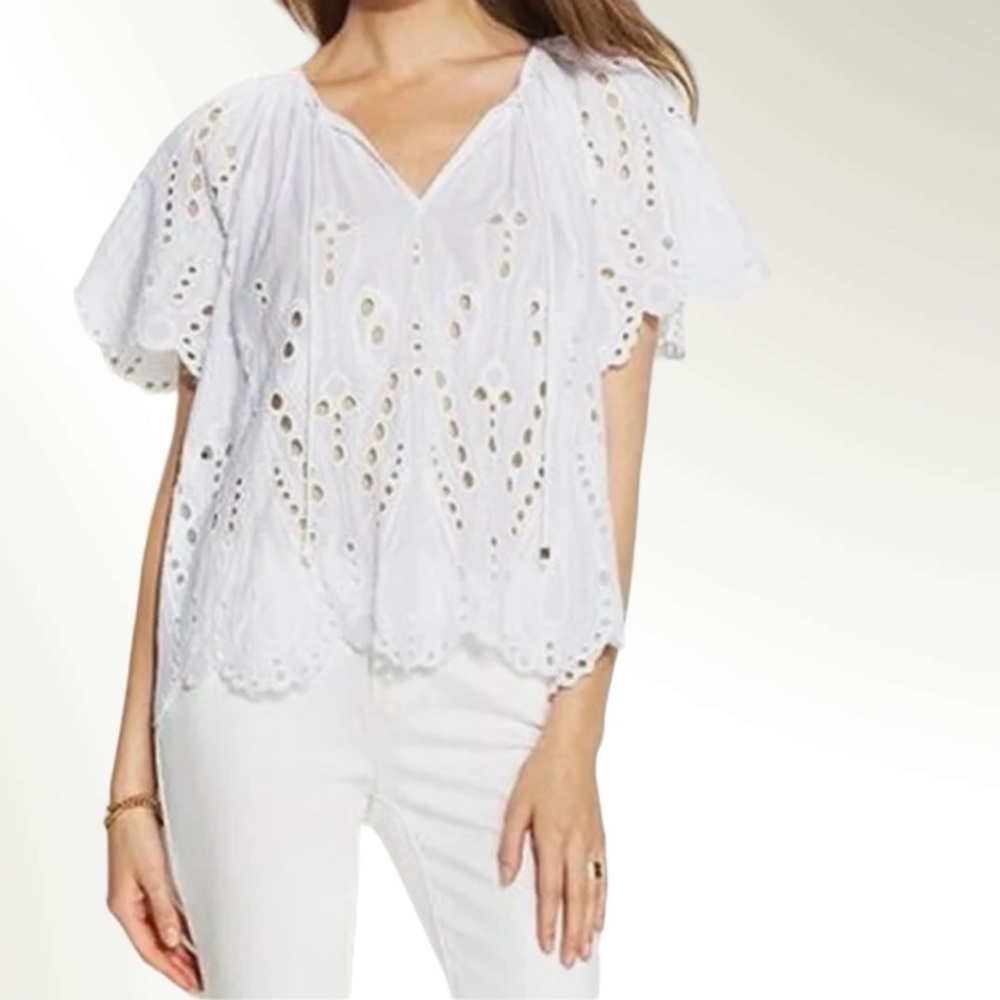 MICHAEL KORS White Cotton Short Sleeve Eyelet Lace Peasant Blouse
Top Size P/M - Picture 4 of 16